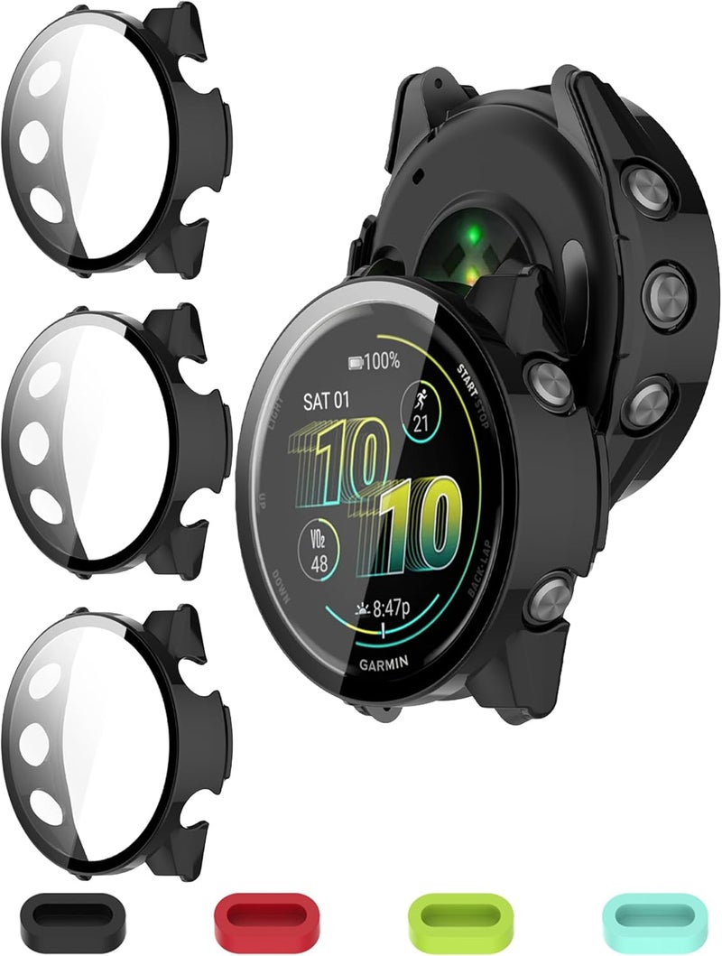 iDaPro [3-Pack Black] Screen Protector Case for Garmin Forerunner 970,Full Protective Cover with Built-in 9H Tempered Glass & 4 Silicone Dust Plugs,Hard PC Shell,Complete Protection for Running,Gym - Image 1